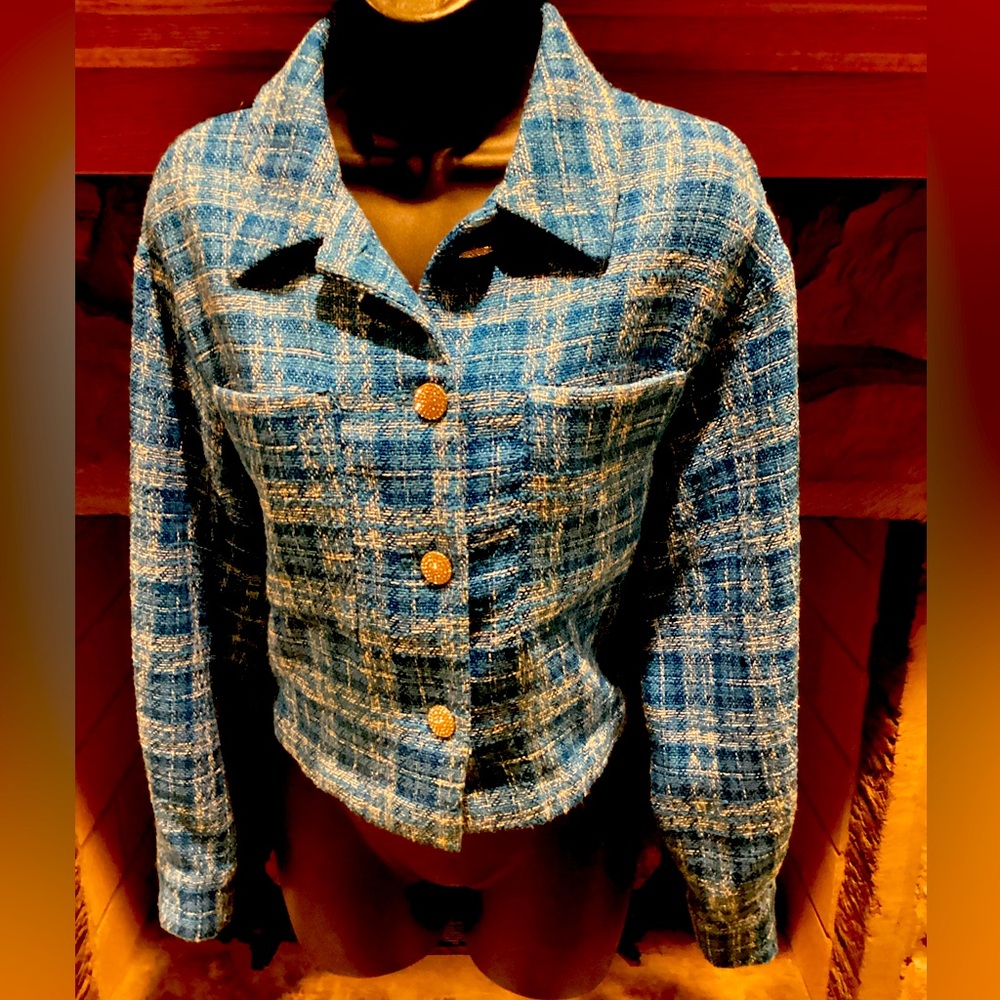 ZARA BLUE TWEED CROPPED LONG SLEEVE RHINESTONE BUTTON OVERSIZED JACKET SZ. L